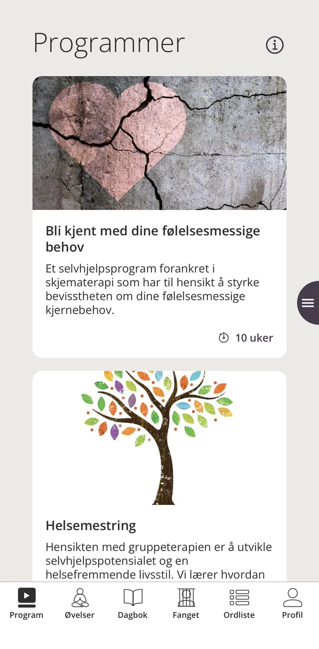 Skjermbilde av programoversikten i appen